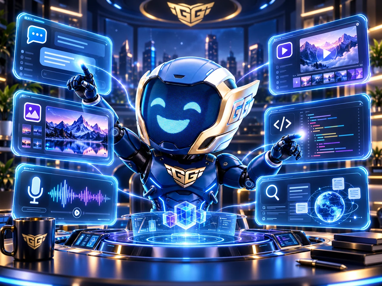 Робот Gonka AI Studio с панелями инструментов для изображений, видео и работы с AI